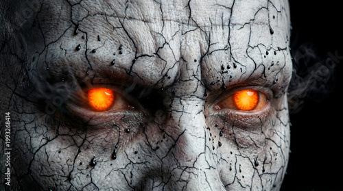 Intense close up portrait of a demonic entity with cracked white skin, glowing fiery orange eyes, and black ink dripping from facial fissures
