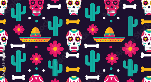 Flat style vector illustration of seamless Cinco de Mayo pattern with skulls, sombreros, cactus and flowers on dark background, vibrant festive design