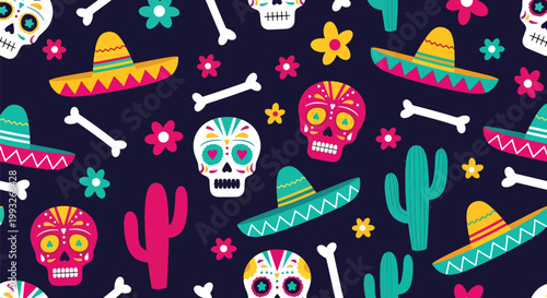 Flat style vector illustration of seamless Cinco de Mayo pattern with skulls, sombreros, cactus and flowers on dark background, vibrant festive design