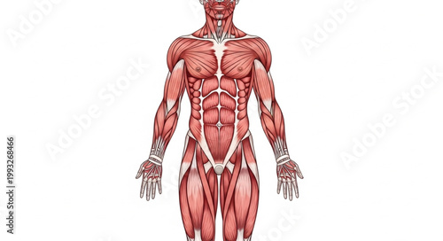 Anatomical illustration of human muscular system front view.