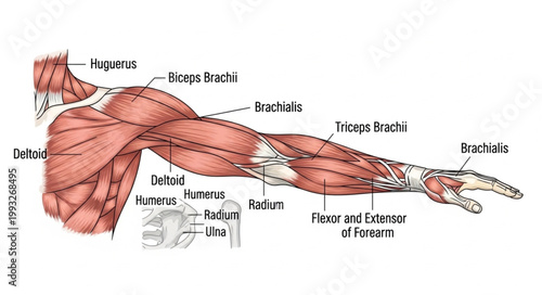 Anatomical illustration of the human arm muscles and tendons.