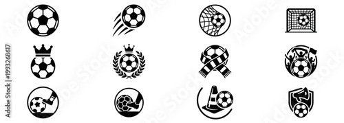 Soccer icons set with ball goal crown scarf fan symbols