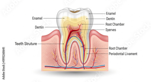 Detailed anatomical illustration of a human tooth cross-section showing internal structures and nerves.