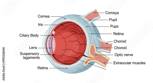 Detailed Anatomical Diagram of the Human Eye Structure.