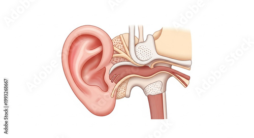 Detailed anatomical illustration of the human ear cross-section.