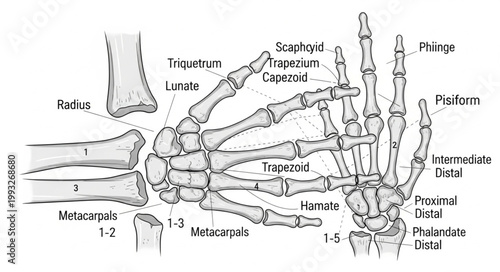 Detailed anatomical illustration of the human hand and wrist bones.