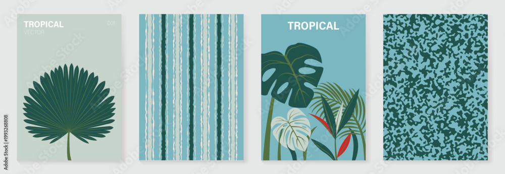 Fototapeta premium Tropical poster and pattern vector set with palm leaf, monstera leaves, striped background and abstract organic texture. Blue green botanical collection for wallpaper, fabric, packaging and digital pa