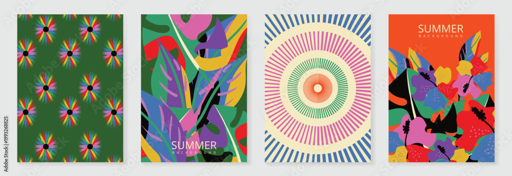 Fototapeta premium Summer tropical poster and pattern vector set with abstract flowers, floral background, sunburst circle and colorful botanical design. Bright retro collection for wallpaper, fabric and packaging 