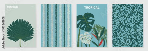 Tropical poster and pattern vector set with palm leaf, monstera leaves, striped background and abstract organic texture. Blue green botanical collection for wallpaper, fabric, packaging and digital pa