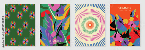 Summer tropical poster and pattern vector set with abstract flowers, floral background, sunburst circle and colorful botanical design. Bright retro collection for wallpaper, fabric and packaging 