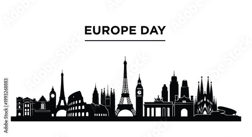 Black vector graphic illustration showing the iconic silhouettes of famous European cities for Europe day celebration