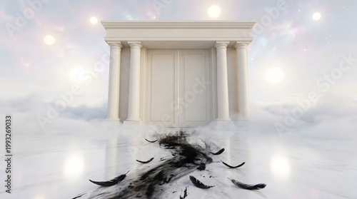A surreal heavenly gate with white classical columns and doors standing amidst clouds and glowing orbs with black feathers on marble.