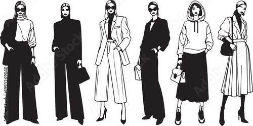 Modern fashion women illustration collection with stylish outfits, elegant female models in urban streetwear poses vector set isolated on white background