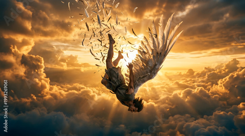 Dramatic cinematic illustration of a man with angel wings falling through a golden sunset sky with feathers scattering amidst the clouds.