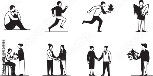 People lifestyle illustration set with daily activities, running, working, meeting and gifting scenes modern vector characters collection isolated on white background