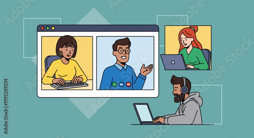 Illustration of video conference call with diverse people interacting on laptops and computer screen