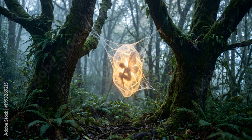 A glowing magical cocoon containing a winged fairy silhouette hangs from spider webs between mossy trees in an enchanted misty forest.