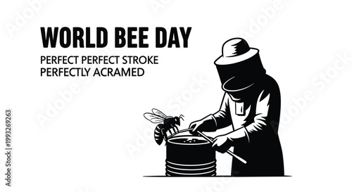Professional beekeeper in protective gear tending to a hive for this black and white vector illustration