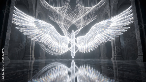 Majestic glowing white angel wings with ethereal divine light trails in a dark gothic stone hall featuring a reflective marble floor