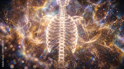 Glowing human skeleton made of golden energy particles and light against a cosmic nebula background with bokeh and prismatic rainbow flares