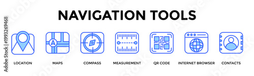 Navigation Tools  Banner Web  Icon Set Collection Pack Vector Illustration Concept Containing Location, Maps, Compass, Measurement, Qr Code, Internet Browser, Contacts