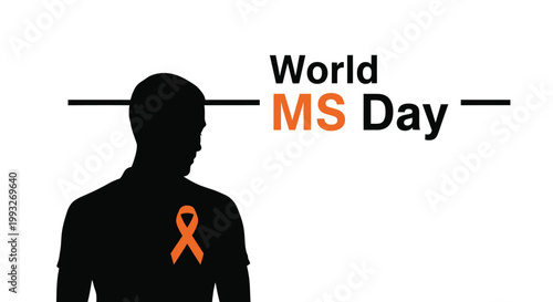 World MS Day awareness vector graphic design showing a person's silhouette and a vibrant orange ribbon.