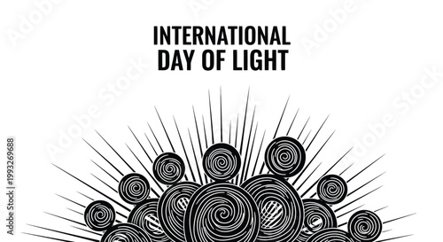 Minimalist vector graphic illustration celebrating international day of light with radiant sunburst and swirling circle patterns