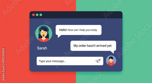 Illustration of customer service chat interface on a computer screen, showing a conversation between a support agent and a customer about a delayed order