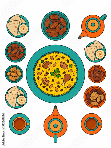 Modern flat vector graphic showing an overhead Iftar meal spread with rice, dates, flatbread, and tea, ideal for cultural dining events.