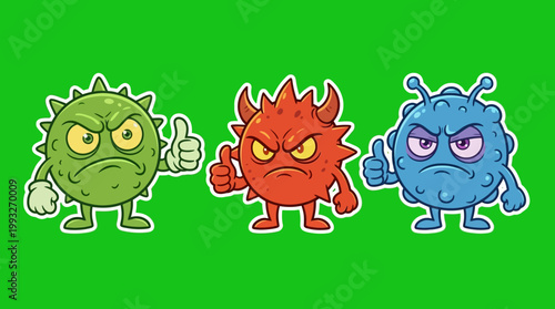 Cartoon Viruses with Angry Expressions and Thumbs Up Gestures.