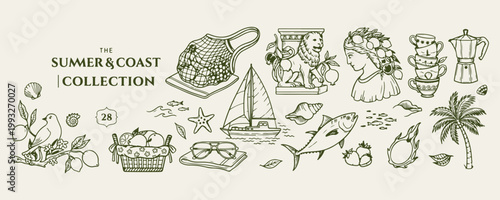 Sailing boat ocean life sketch, maritime ship vector illustration, sea creature graphic elements, nautical travel line art, coastal sailing ship doodles, marine nature sketch collection, aquatic adven