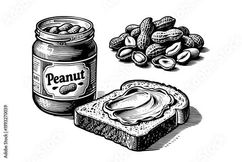 Peanut butter jar, scattered peanuts and toast shown in engraving style on white background, representing natural food concept
