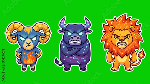 Cartoon Zodiac Animals - Aries, Taurus, and Leo with Angry Expressions.
