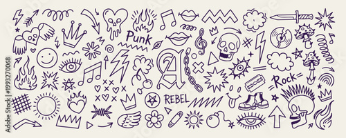 Punk rock rebel doodle set, street art underground icons, edgy music subculture illustrations, rebel youth graphic elements, grunge style line art doodles, alternative lifestyle vector collection, pun