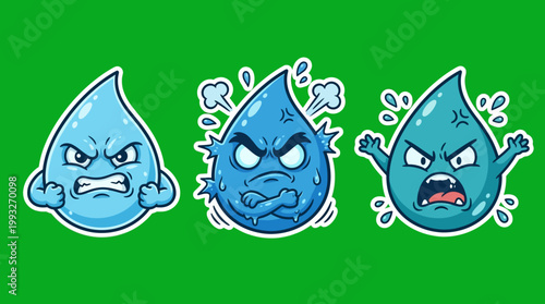 Cartoon Water Droplets with Angry Expressions on Green Background.
