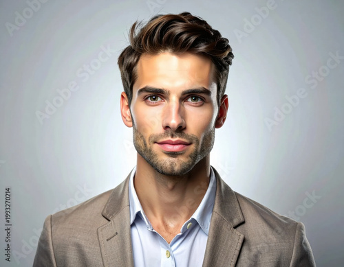 Portrait man, business suit, studio background, headshot, young adult
