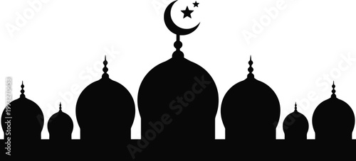 A black silhouette of a grand mosque featuring multiple domes and a central minaret
