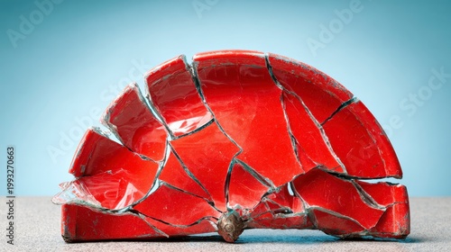 Broken Red Ceramic Plate Shattered Into Pieces on a Light Background with Attention to Texture and Detail