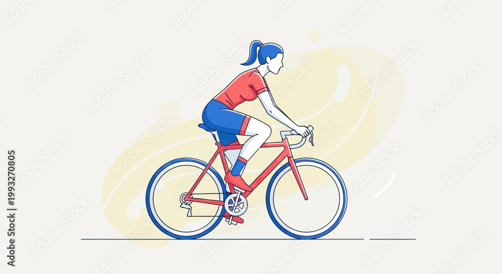 Obraz premium Vector illustration of woman riding bicycle, cycling, bike, red bike, blue shorts