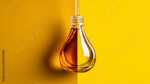 Close-Up Photograph Of A Glass Droplet Filled With Oil Hanging Against A Soft Yellow Background