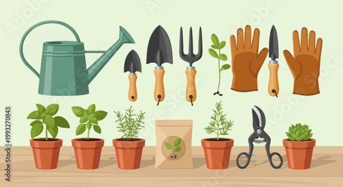 Gardening tools, plants, and accessories, vector set, green, gardening, plants, pots, tools