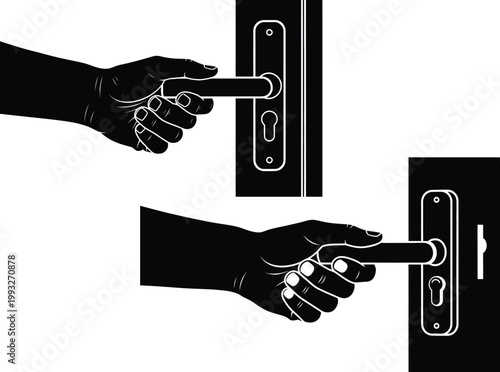 Opening a door hand turning a modern door handle illustration