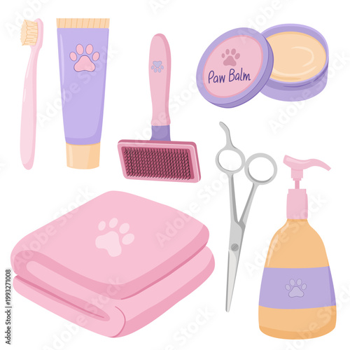 Professional pet grooming and hygiene accessories kit including toothbrush paw balm slicker brush and scissors on a transparent background