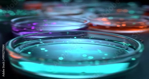Bioluminescent bacteria cultures growing in glowing laboratory petri dishes.