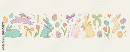 Easter bunny and spring garden elements, cute rabbit and easter egg art, seasonal spring flower and bunny vectors, traditional easter holiday celebration graphics, festive bunny and tulip illustration