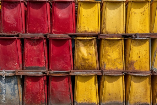 Colorful Stacked Buckets in Red and Yellow at an Industrial Site with Weathered Texture