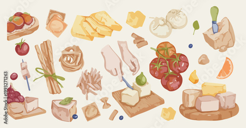Cheese and charcuterie board illustration, gourmet appetizer snack food art, hand cutting cheese platter vectors, fresh tomato and crackers graphics, wine pairing food platter illustrations, rustic de