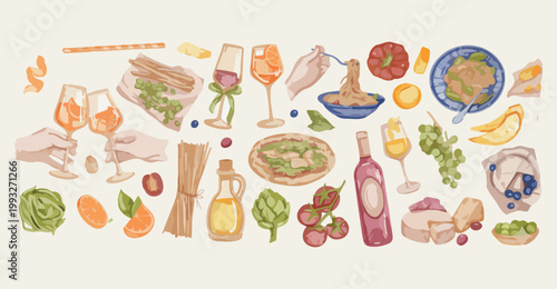 Italian pasta and wine cuisine set, gourmet mediterranean food restaurant art, traditional spaghetti and wine vectors, fresh culinary ingredients cooking graphics, authentic italian kitchen recipe ill