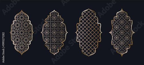 Beautiful golden ornamental frames with middle eastern pattern on the dark background. Luxury decorative vector elements.