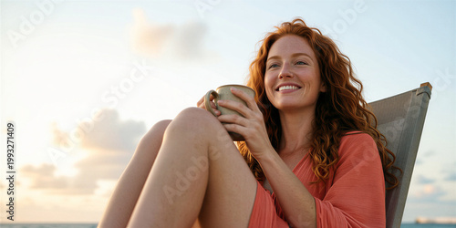 Slender red-haired young woman in orange dress, sitting in chair, holding mug, smiling, looking away from camera, against pale blue sky and cloudy background with sea.